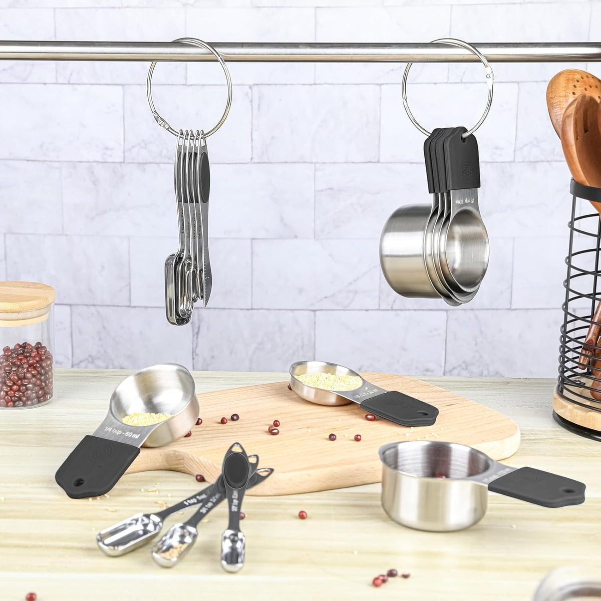 Magnetic Measuring Cups and Spoons Set, 7 Stainless Steel Measuring Cups and 7 Rectangular Metal Teaspoon with 1 Leveler for Cooking & Baking (Colorful)
