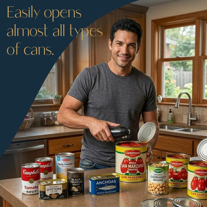 Electric Can Opener – Automatic One Touch Hands Free Can Opener for Seniors, Battery Operated Cordless, Smooth Edge Safety, Handheld Stainless Steel Blade, Open Any Size Can, Black