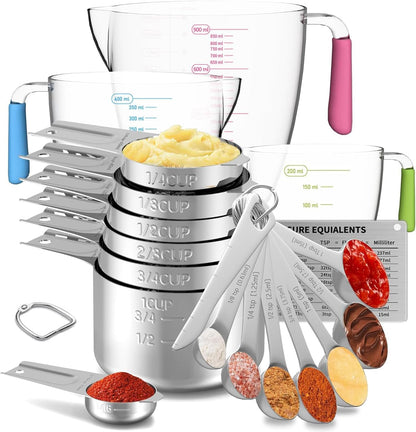 Stainless Steel Measuring Cups and Spoons Set,6 Stainless Steel Measuring Cups,7 Measuring Spoons & 1 Leveler,3 Plastic Measuring Cup with 1 Measuring Conversion Chart Round