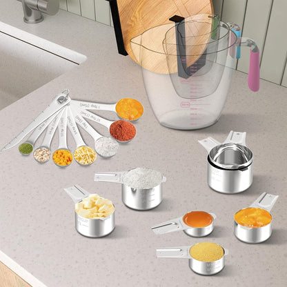 Stainless Steel Measuring Cups and Spoons Set,6 Stainless Steel Measuring Cups,7 Measuring Spoons & 1 Leveler,3 Plastic Measuring Cup with 1 Measuring Conversion Chart Round