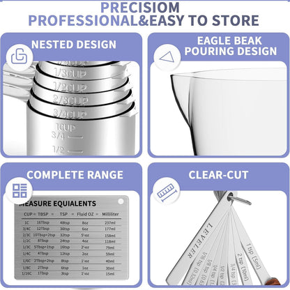 Stainless Steel Measuring Cups and Spoons Set,6 Stainless Steel Measuring Cups,7 Measuring Spoons & 1 Leveler,3 Plastic Measuring Cup with 1 Measuring Conversion Chart Round