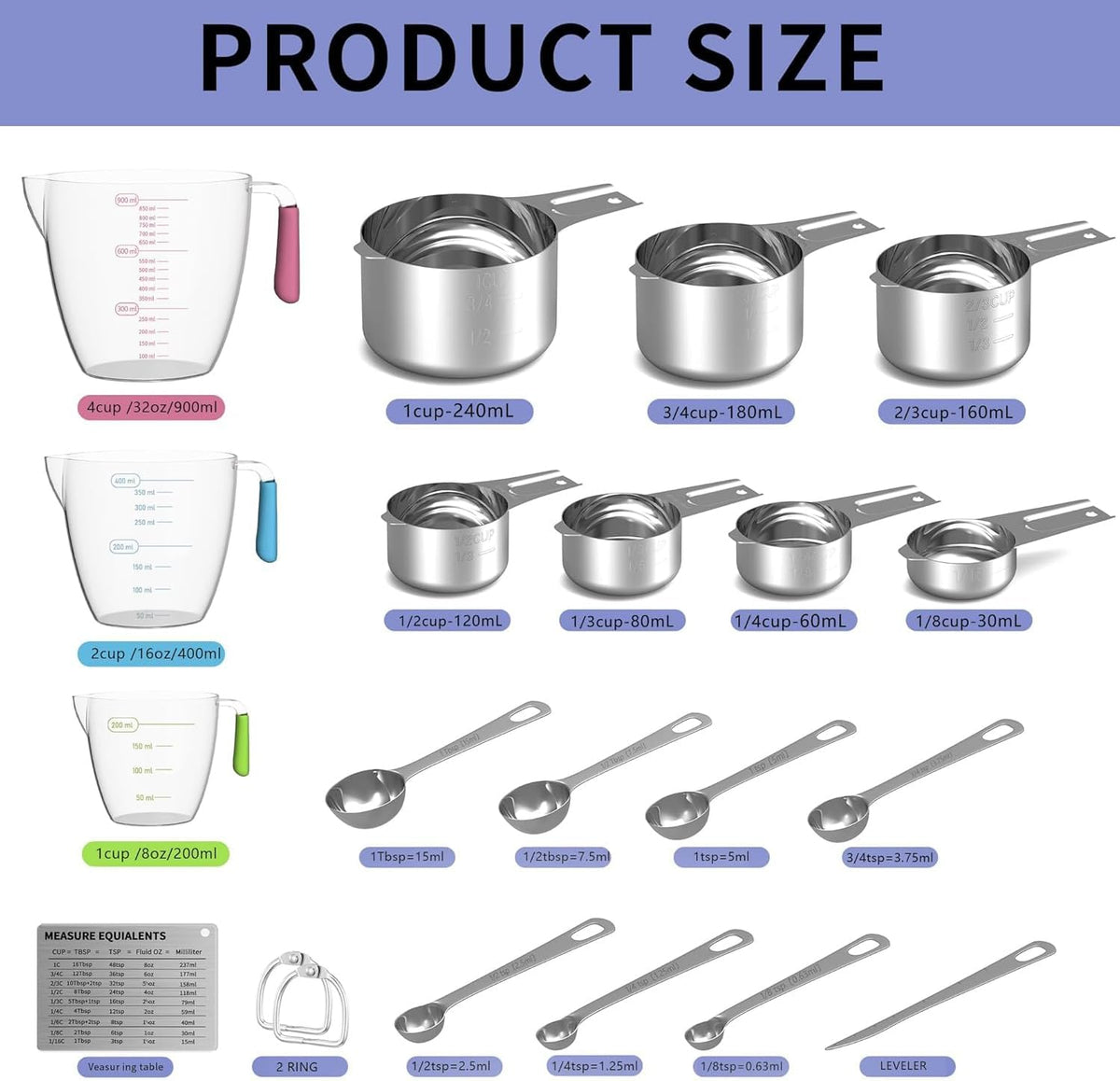 Stainless Steel Measuring Cups and Spoons Set,6 Stainless Steel Measuring Cups,7 Measuring Spoons & 1 Leveler,3 Plastic Measuring Cup with 1 Measuring Conversion Chart Round