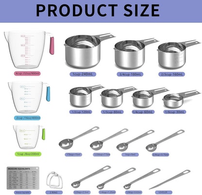 Stainless Steel Measuring Cups and Spoons Set,6 Stainless Steel Measuring Cups,7 Measuring Spoons & 1 Leveler,3 Plastic Measuring Cup with 1 Measuring Conversion Chart Round