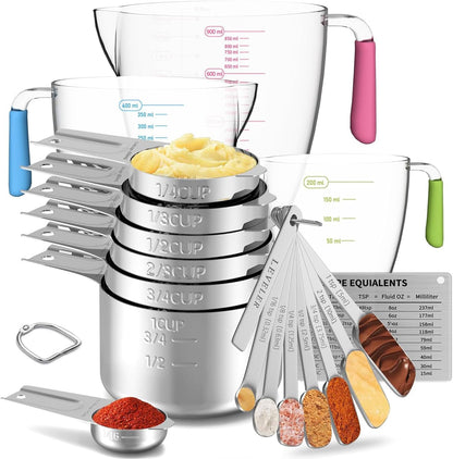 Stainless Steel Measuring Cups and Spoons Set,6 Stainless Steel Measuring Cups,7 Measuring Spoons & 1 Leveler,3 Plastic Measuring Cup with 1 Measuring Conversion Chart Round