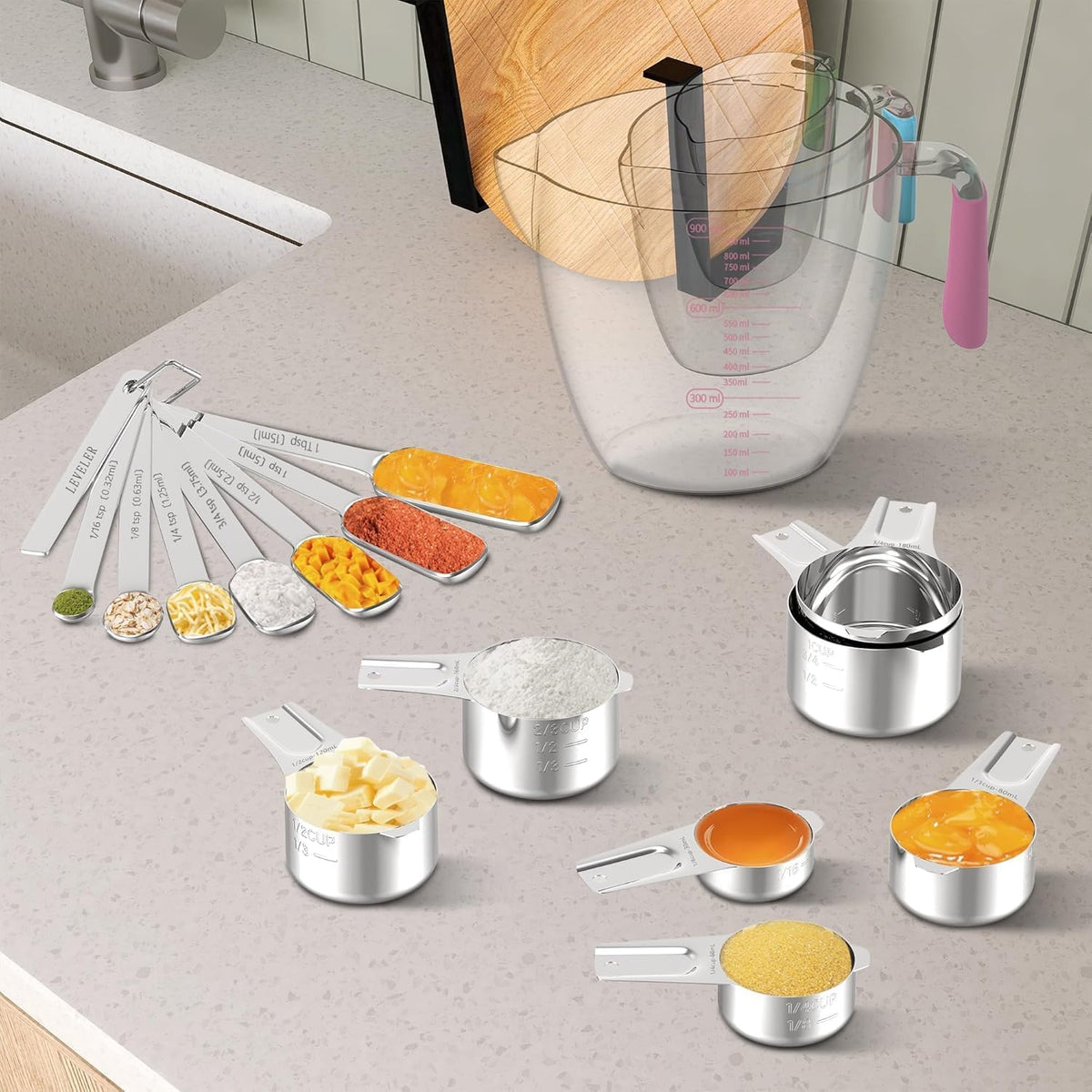 Stainless Steel Measuring Cups and Spoons Set,6 Stainless Steel Measuring Cups,7 Measuring Spoons & 1 Leveler,3 Plastic Measuring Cup with 1 Measuring Conversion Chart Round