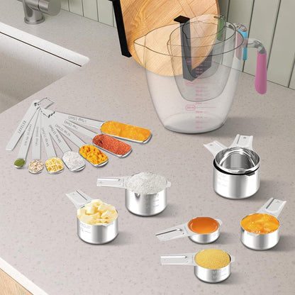 Stainless Steel Measuring Cups and Spoons Set,6 Stainless Steel Measuring Cups,7 Measuring Spoons & 1 Leveler,3 Plastic Measuring Cup with 1 Measuring Conversion Chart Round