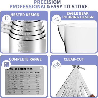 Stainless Steel Measuring Cups and Spoons Set,6 Stainless Steel Measuring Cups,7 Measuring Spoons & 1 Leveler,3 Plastic Measuring Cup with 1 Measuring Conversion Chart Round