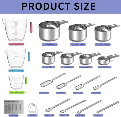 Stainless Steel Measuring Cups and Spoons Set,6 Stainless Steel Measuring Cups,7 Measuring Spoons & 1 Leveler,3 Plastic Measuring Cup with 1 Measuring Conversion Chart Round