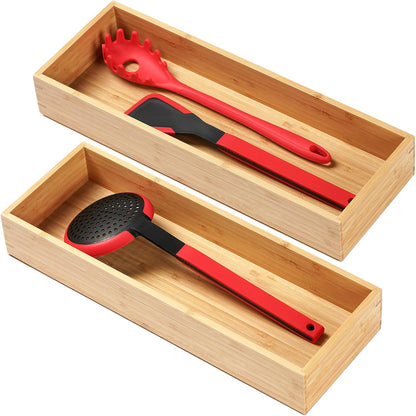 Bamboo Kitchen Utensils Organizer, Extra Long High Silverware Drawer Holder, Flatware Cutlery Storage Box, Multi-Use Drawer Divider in Office, Bathroom, Pantry - 17"x6"x2.5" (Set of 2)