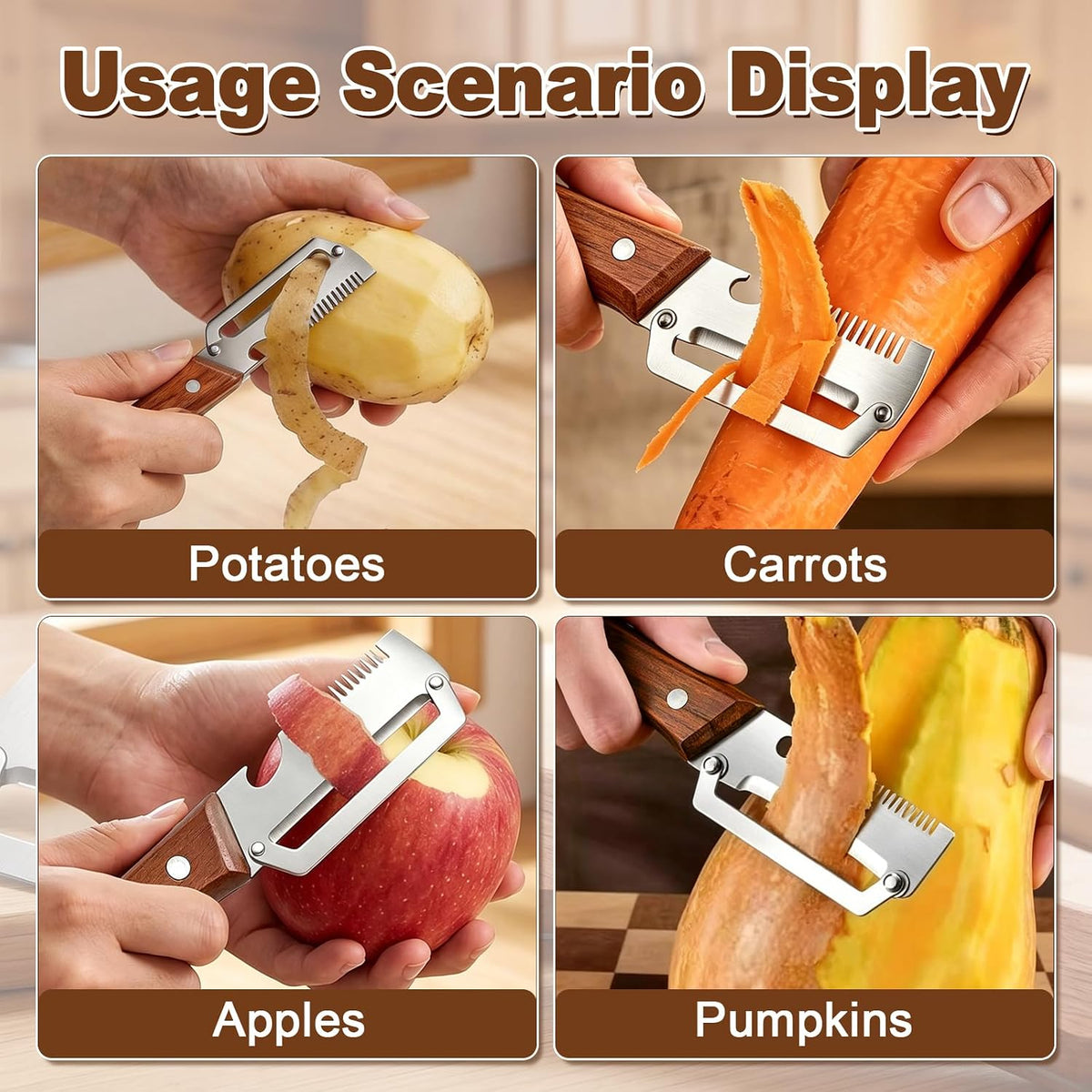 Multifunctional Vegetable Peeler for Kitchen, 3-in-1 Stainless Steel Potato Carrot Peeler with Bottle Opener, Zero Snag Wooden Peeler for Fruits & Veggies (2 PCS)