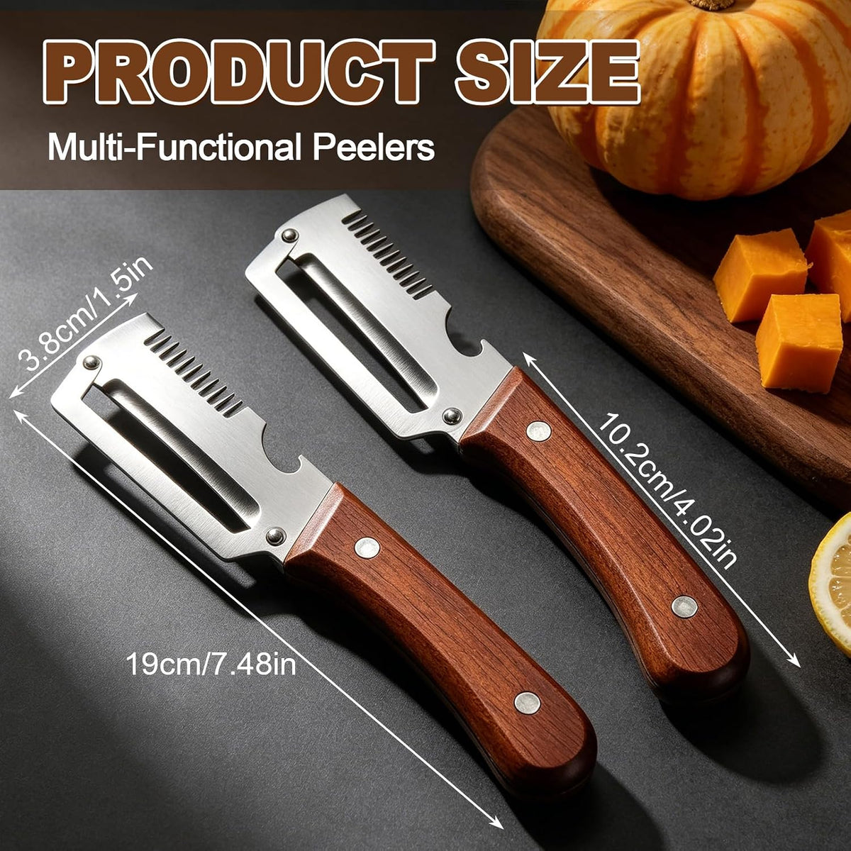 Multifunctional Vegetable Peeler for Kitchen, 3-in-1 Stainless Steel Potato Carrot Peeler with Bottle Opener, Zero Snag Wooden Peeler for Fruits & Veggies (2 PCS)