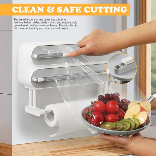 Magnetic Plastic Wrap Dispenser with Cutter - Refillable Aluminum Tin Foil and Plastic Wrap Organizer for Kitchen, Upgraded 3 in 1 Paper Towel Holder Wall Mount - Fits 12" Roll, White