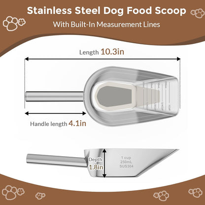 Pet cat-dog food-scoop measuring 1-cup - Food-grade 304 stainless steel material | 1-Cup capacity | Precision scale measurements