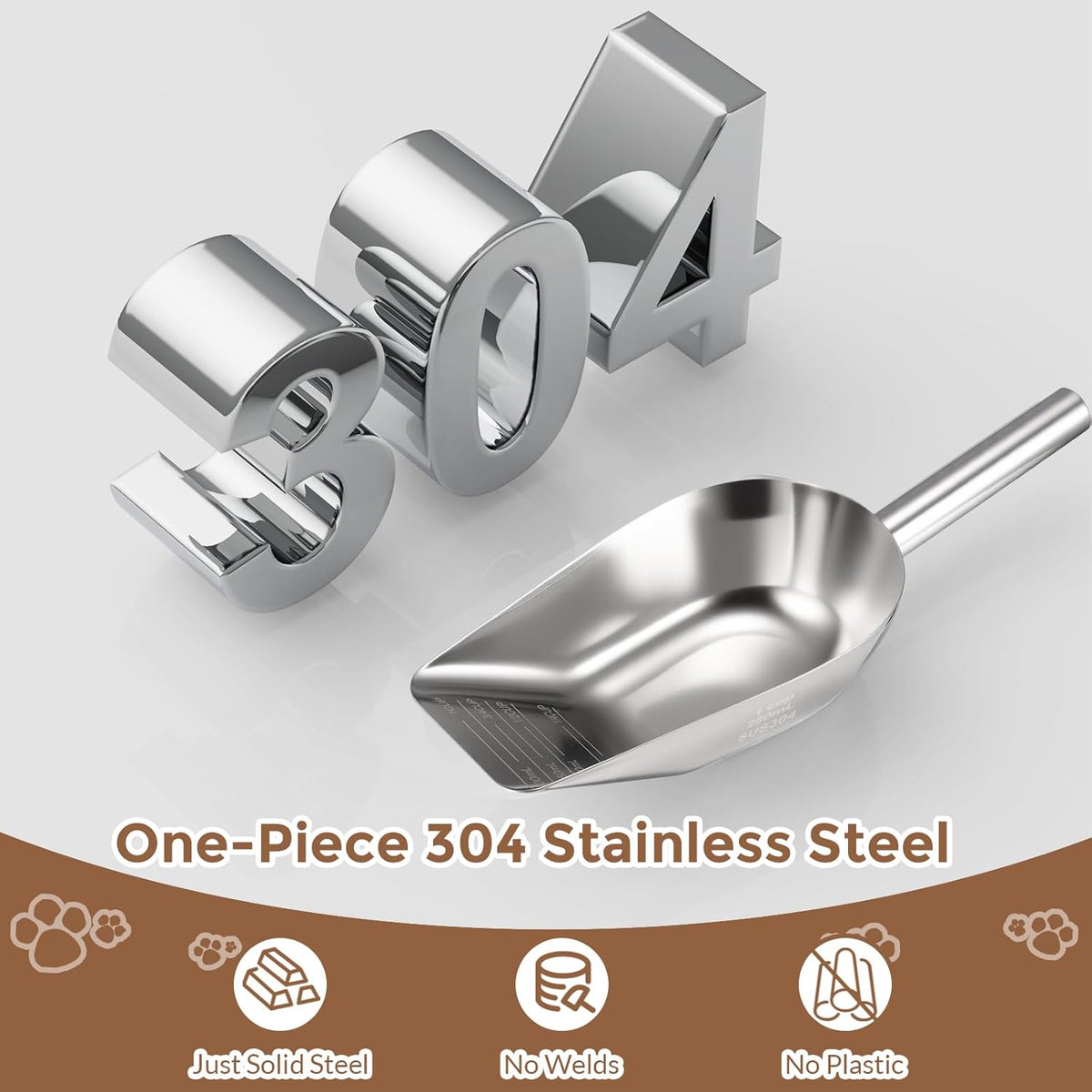 Pet cat-dog food-scoop measuring 1-cup - Food-grade 304 stainless steel material | 1-Cup capacity | Precision scale measurements