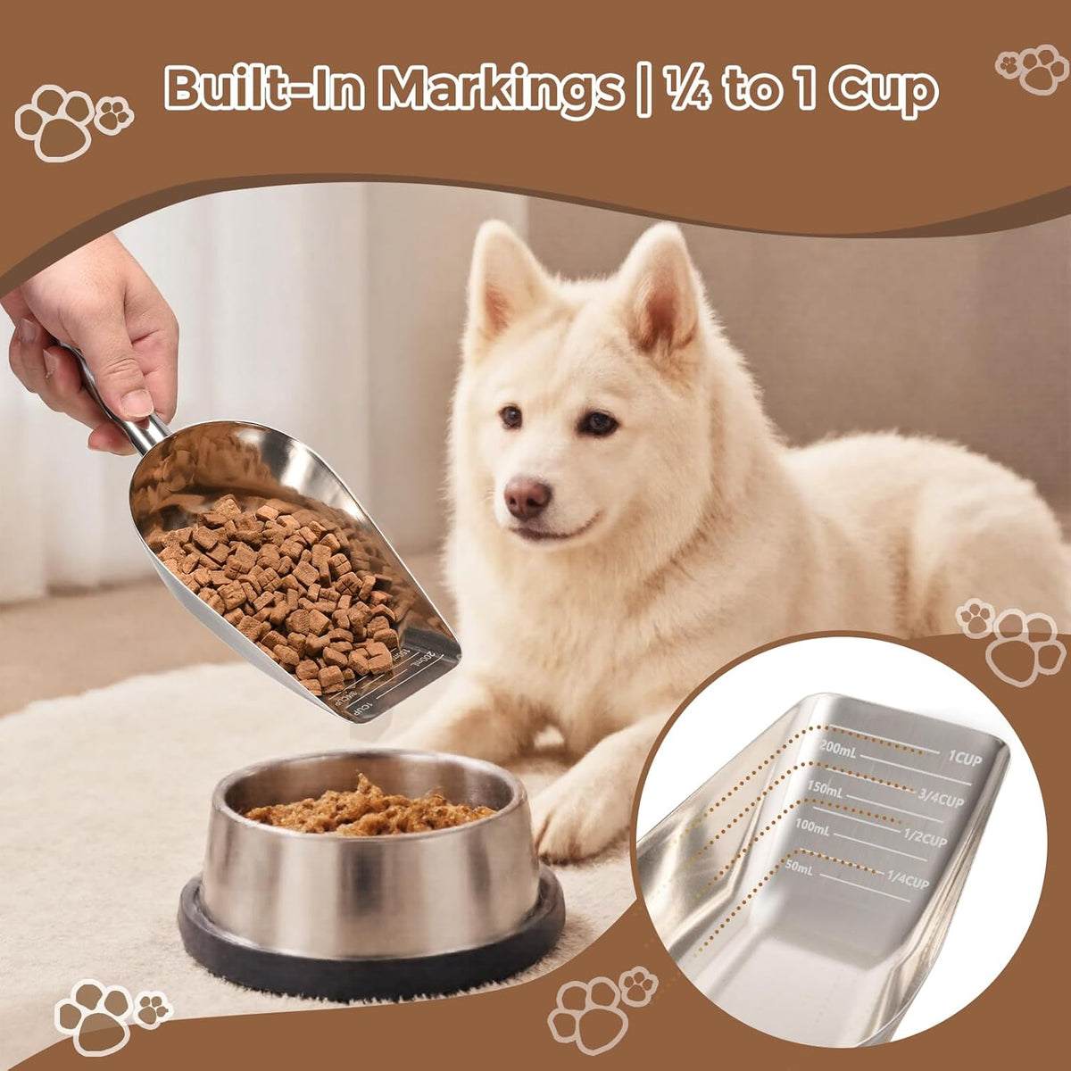 Pet cat-dog food-scoop measuring 1-cup - Food-grade 304 stainless steel material | 1-Cup capacity | Precision scale measurements