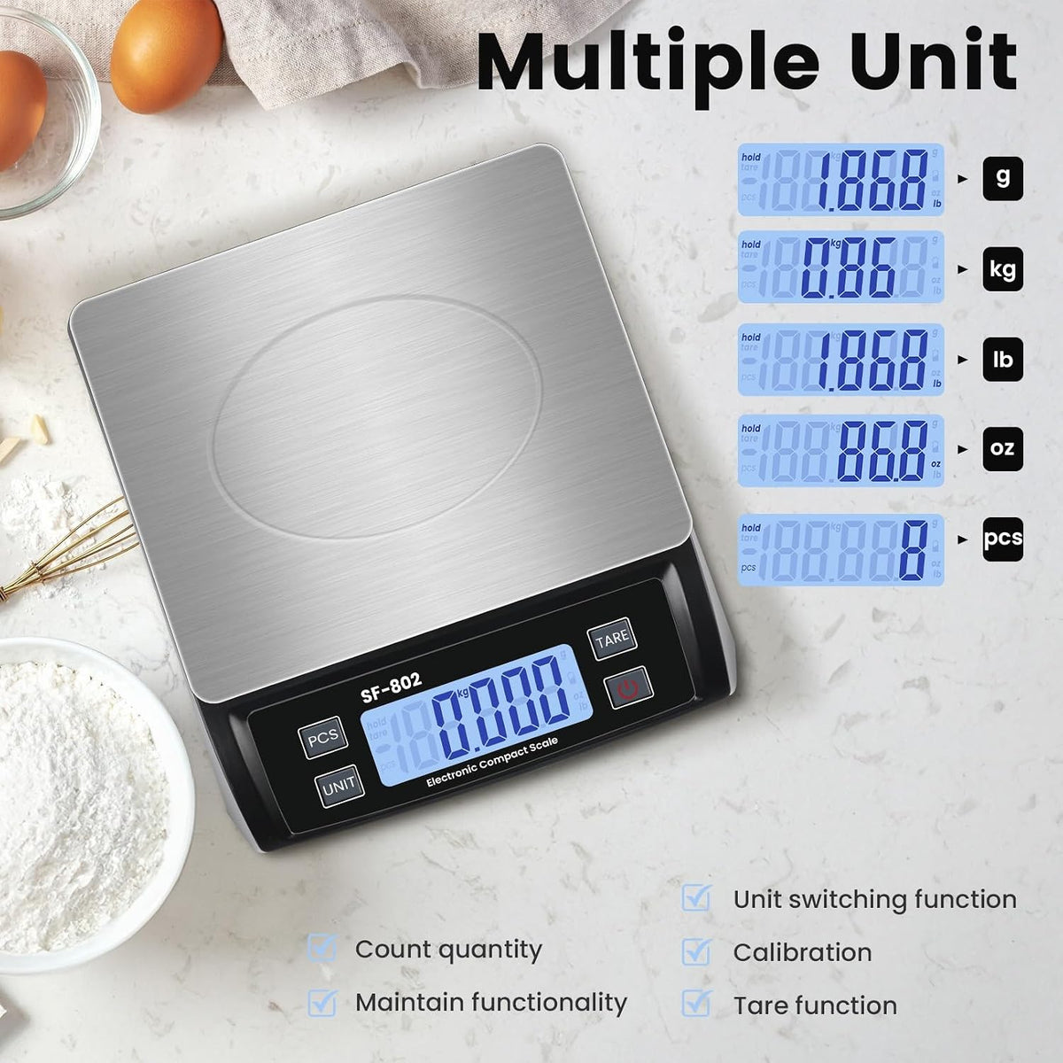 Digital Kitchen Scale 30kg/66lb Large Food Scale for Baking Cooking Stainless Bread Scale with LCD Display Counting Scales for Commercial(Color : Stainless White)