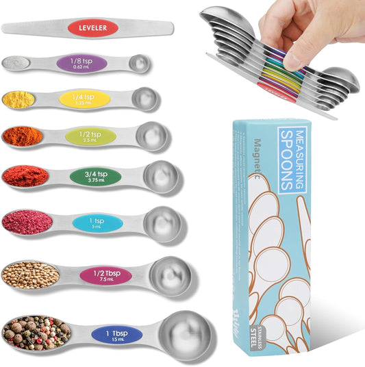 Magnetic Measuring Spoons Set of 8 with Leveler (Color） | Stainless Steel Dual Sided Teaspoon and Tablespoon Stackable Fits in Most Kitchen Spice Jar,Rust-Proof,Nesting Saves Space