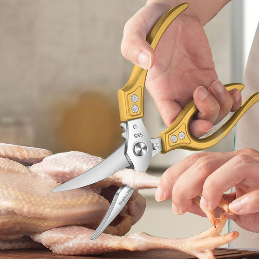 Heavy Duty Poultry Shears, Kitchen Shears with Anti-Slip Handle & Safety Lock, All Purpose Kitchen Scissors for Chicken, Meat Cutting, Turkey, Fish, Vegetables (Gold)