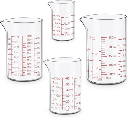 Measuring Cup Set 30ml L(1oz), 60ml (2oz), 120ml (4oz), 250ml (8oz), 4 Piece Glass Liquid Measuring Beakers, High Borosilicate Glass Measuring Cup, V-Shaped Spout