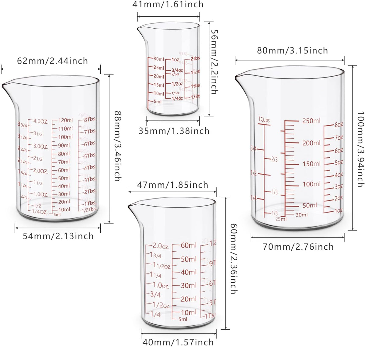 Measuring Cup Set 30ml L(1oz), 60ml (2oz), 120ml (4oz), 250ml (8oz), 4 Piece Glass Liquid Measuring Beakers, High Borosilicate Glass Measuring Cup, V-Shaped Spout