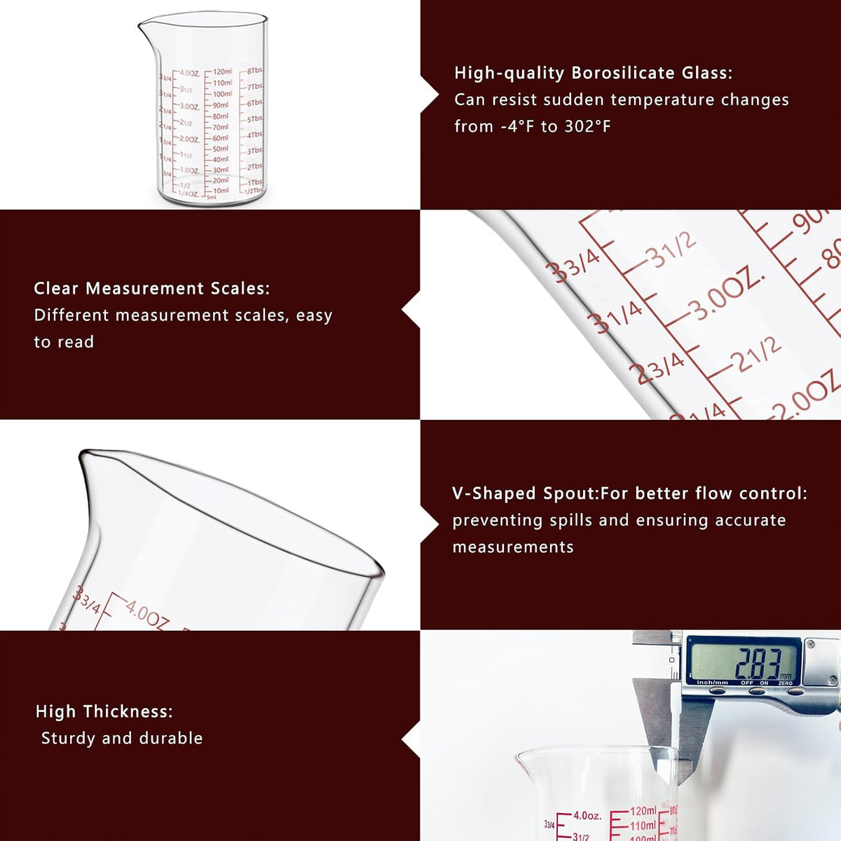 Measuring Cup Set 30ml L(1oz), 60ml (2oz), 120ml (4oz), 250ml (8oz), 4 Piece Glass Liquid Measuring Beakers, High Borosilicate Glass Measuring Cup, V-Shaped Spout