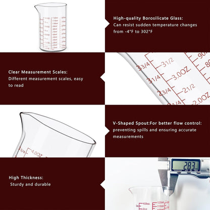 Measuring Cup Set 30ml L(1oz), 60ml (2oz), 120ml (4oz), 250ml (8oz), 4 Piece Glass Liquid Measuring Beakers, High Borosilicate Glass Measuring Cup, V-Shaped Spout