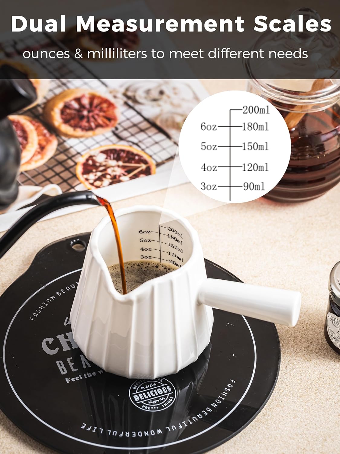 Ceramic Espresso Cup, Espresso Measuring Cup Espresso Shot Cups 3 OZ | Espresso Cups with Handle, Dual Spouts, Espresso Shot Glass with Dual OZ ML Scale, Espresso Accessories, White