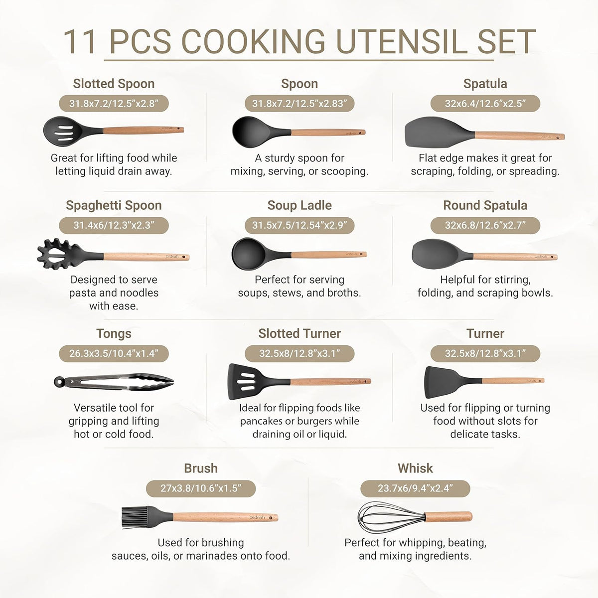 11-Piece Silicone Kitchen Utensils Set with Non Toxic Spatula, Tongs, Whisk, Turner & Ladle – Heat Resistant, Non-Scratch Cooking Tools with Wooden Handles, BPA-Free, Dishwasher Safe (Black)