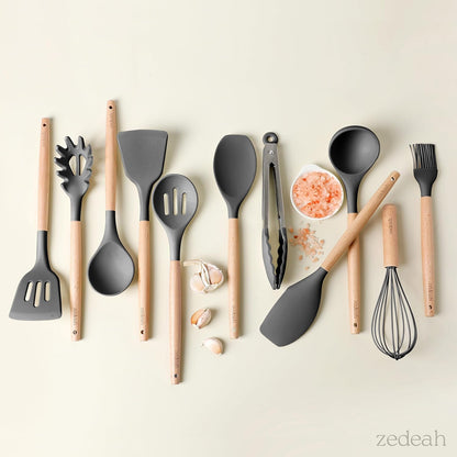 11-Piece Silicone Kitchen Utensils Set with Non Toxic Spatula, Tongs, Whisk, Turner & Ladle – Heat Resistant, Non-Scratch Cooking Tools with Wooden Handles, BPA-Free, Dishwasher Safe (Black)