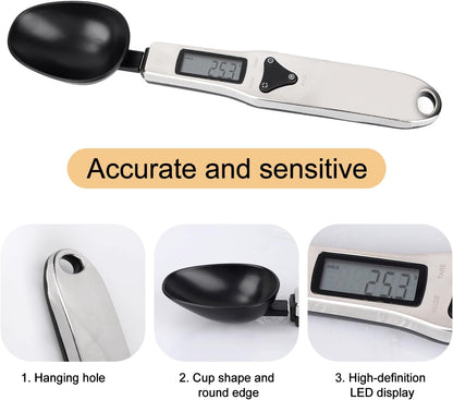 Electronic Food Measuring Spoon, Stainless Steel Digital Scoop Scale Small Baking Weight Cup with LCD Display 300g/0.1g High Precision Gram Kitchen Gadgets for Home Kitchen
