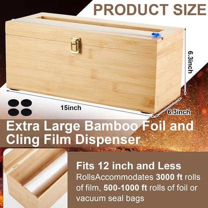 1 Pack 12" x 3000ft Large Plastic Wrap Dispenser with Cutter Roller Commercial Bamboo Holder for 3000ft Film 1000ft Aluminum Foil Non Slip Pad Fit Big Saran Wrap Restaurant Kitchen