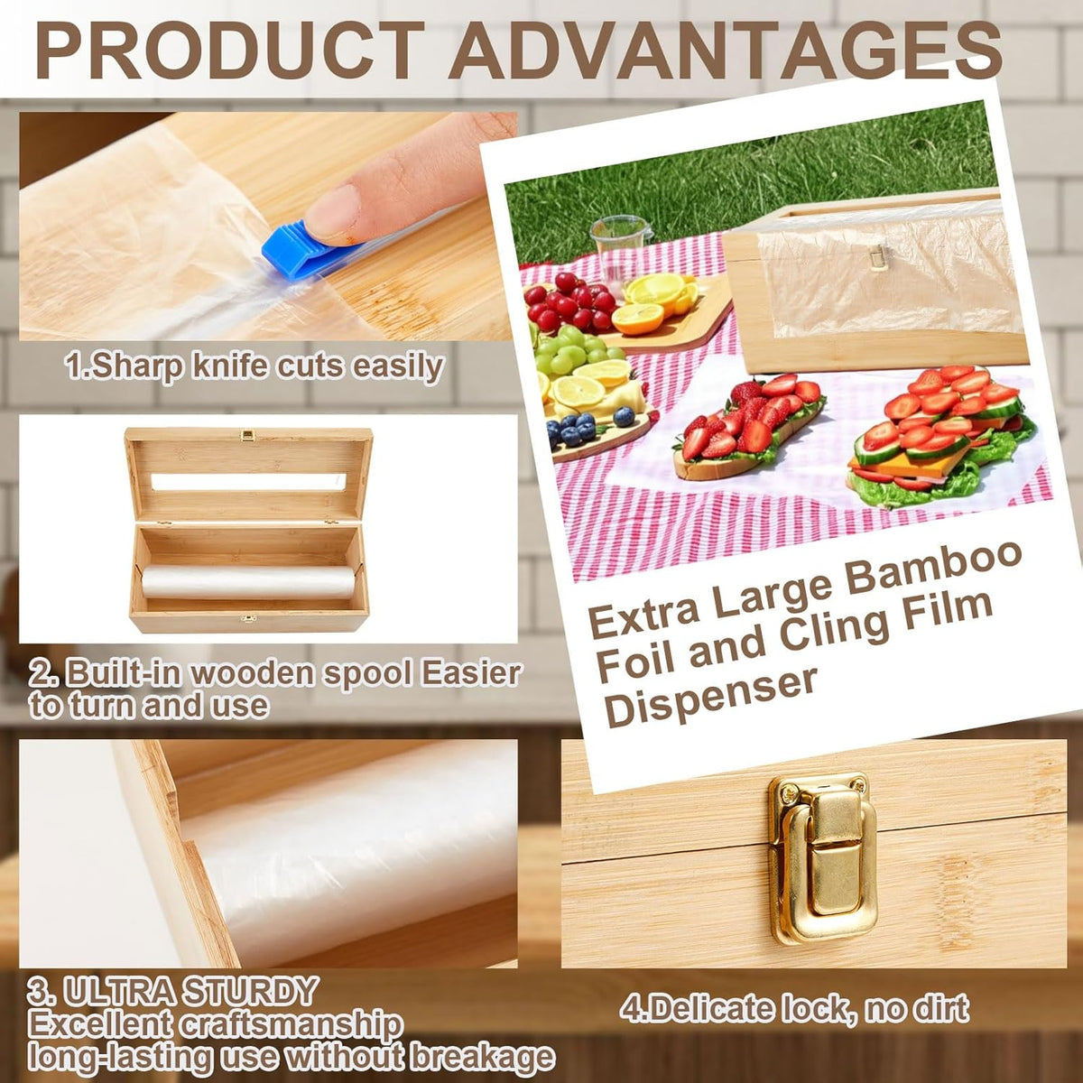 1 Pack 12" x 3000ft Large Plastic Wrap Dispenser with Cutter Roller Commercial Bamboo Holder for 3000ft Film 1000ft Aluminum Foil Non Slip Pad Fit Big Saran Wrap Restaurant Kitchen