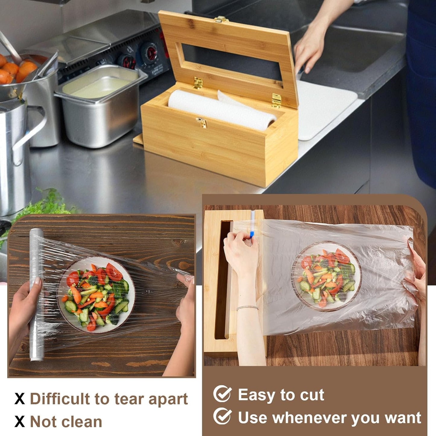 1 Pack 12" x 3000ft Large Plastic Wrap Dispenser with Cutter Roller Commercial Bamboo Holder for 3000ft Film 1000ft Aluminum Foil Non Slip Pad Fit Big Saran Wrap Restaurant Kitchen