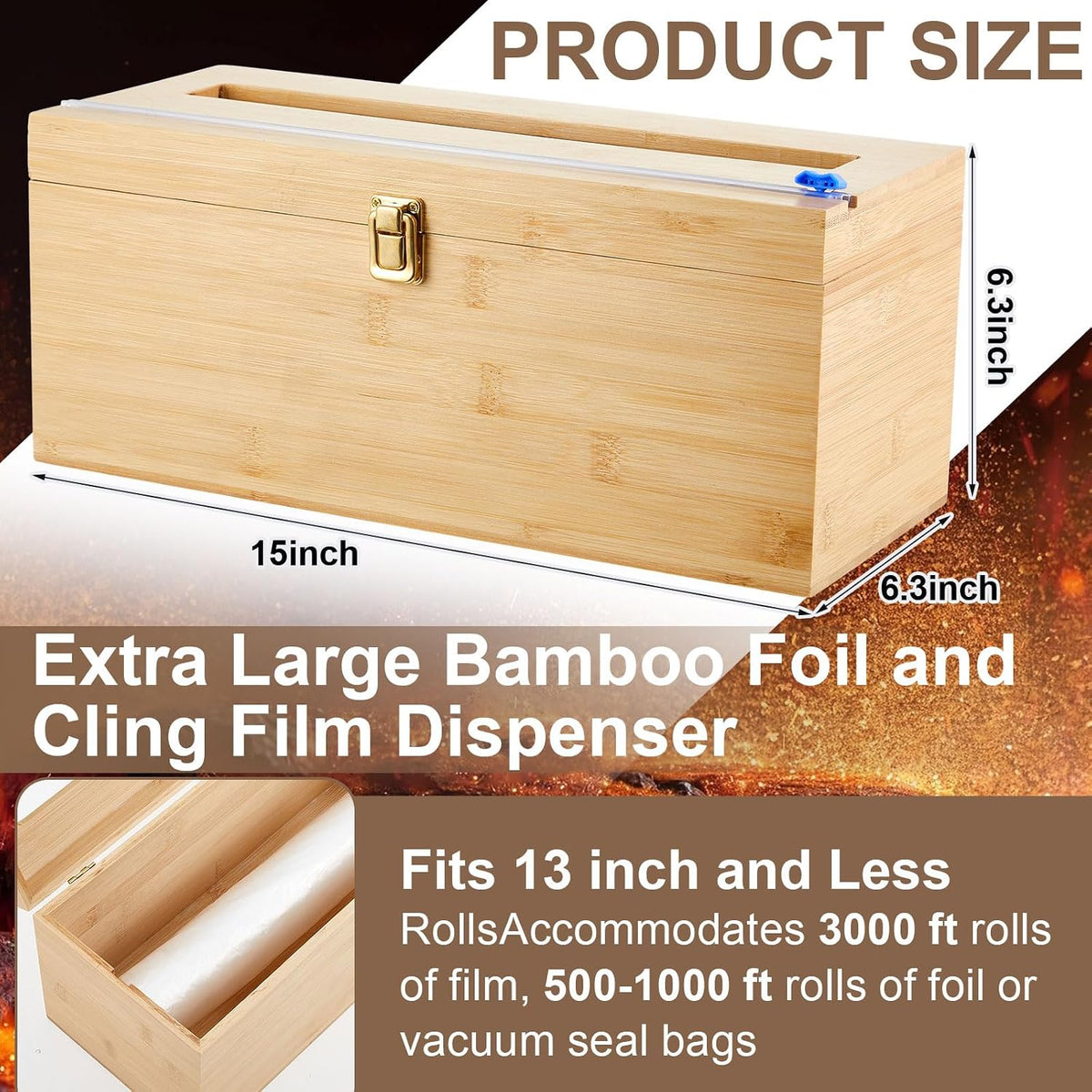 1 Pack 12" x 3000ft Large Plastic Wrap Dispenser with Cutter Roller Commercial Bamboo Holder for 3000ft Film 1000ft Aluminum Foil Non Slip Pad Fit Big Saran Wrap Restaurant Kitchen