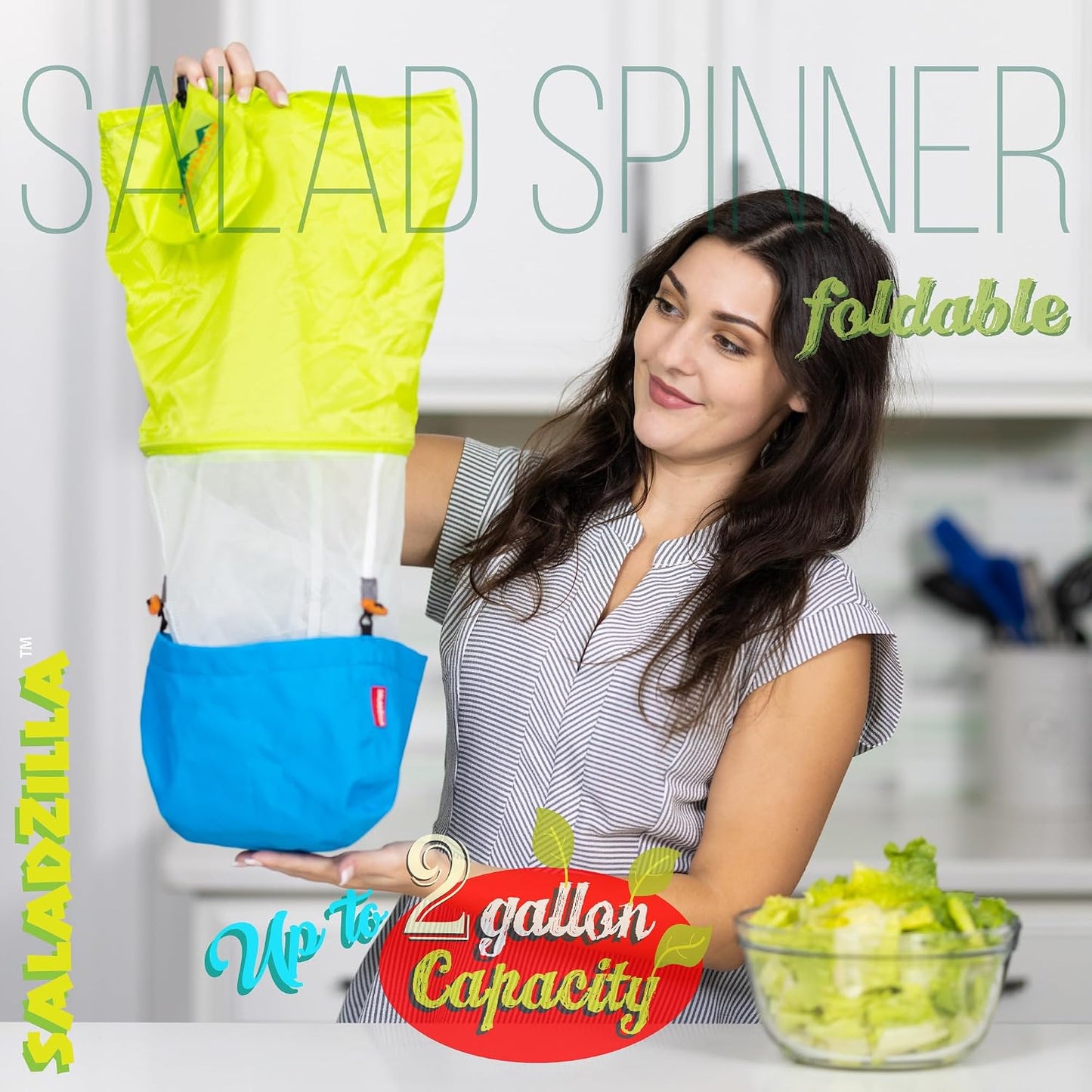 Saladzilla : Large Salad Spinner, 2 Gallon Capacity (8 Qt.), Collapsible & Portable [Vegetable/Sprouts/Microgreen/Herb Dryer] Durable BPA-Free Fabric