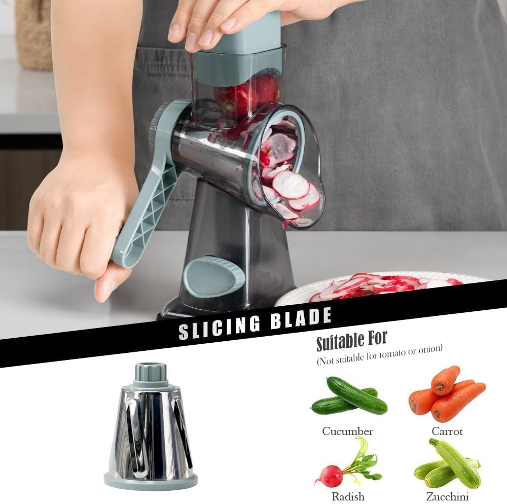 Cheese Grater Hand Crank Rotating Cheese Shredder Stainless Steel Vegetable Slicer Grater for Kitchen 3 Blades for Cheese, Carrot, Cucumber, Nuts, Chocolate, Dark Grey