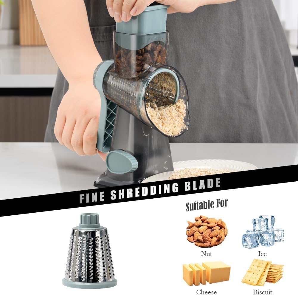 Cheese Grater Hand Crank Rotating Cheese Shredder Stainless Steel Vegetable Slicer Grater for Kitchen 3 Blades for Cheese, Carrot, Cucumber, Nuts, Chocolate, Dark Grey