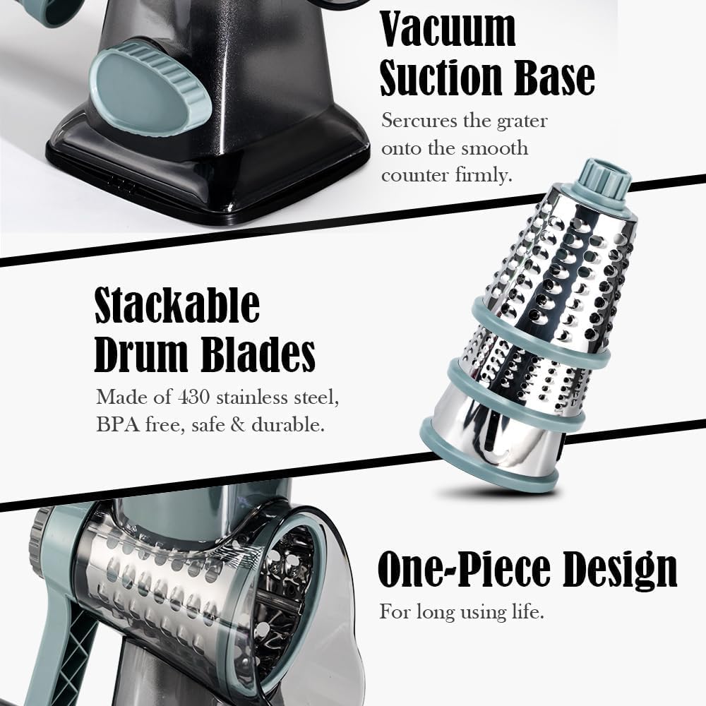 Cheese Grater Hand Crank Rotating Cheese Shredder Stainless Steel Vegetable Slicer Grater for Kitchen 3 Blades for Cheese, Carrot, Cucumber, Nuts, Chocolate, Dark Grey