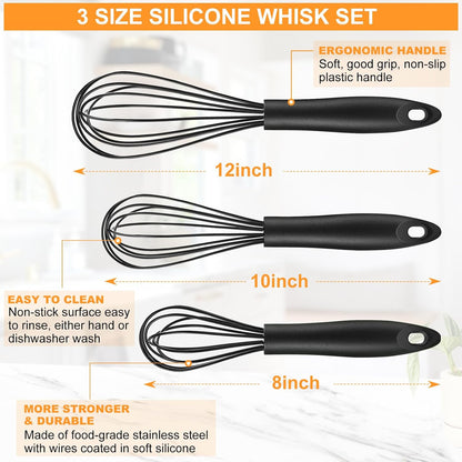 Silicone Whisk,Heat Resistant Non Scratch Whisks Set of 3,Stainless Steel & Silicone Wisk for Cooking,Kitchen Whisk For Nonstick Cookware,Balloon Egg Whisk Perfect for Blending,Beating,Frothing-Black