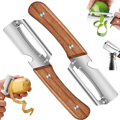 2PCS 2-in-1 Multifunctional Vegetable Peeler, Multifunctional Stainless Steel Peeler, Wooden Peeler, with Bottle Opener & Potato Fruit Pumpkins Kitchen Peelers with Kitchen Peeling Tool