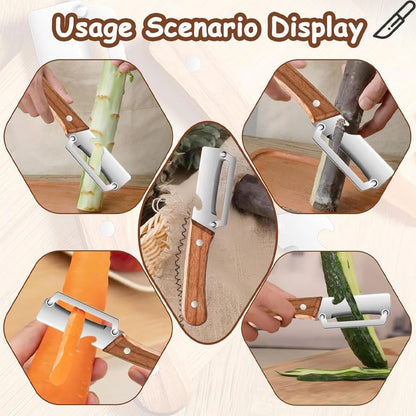 2PCS 2-in-1 Multifunctional Vegetable Peeler, Multifunctional Stainless Steel Peeler, Wooden Peeler, with Bottle Opener & Potato Fruit Pumpkins Kitchen Peelers with Kitchen Peeling Tool