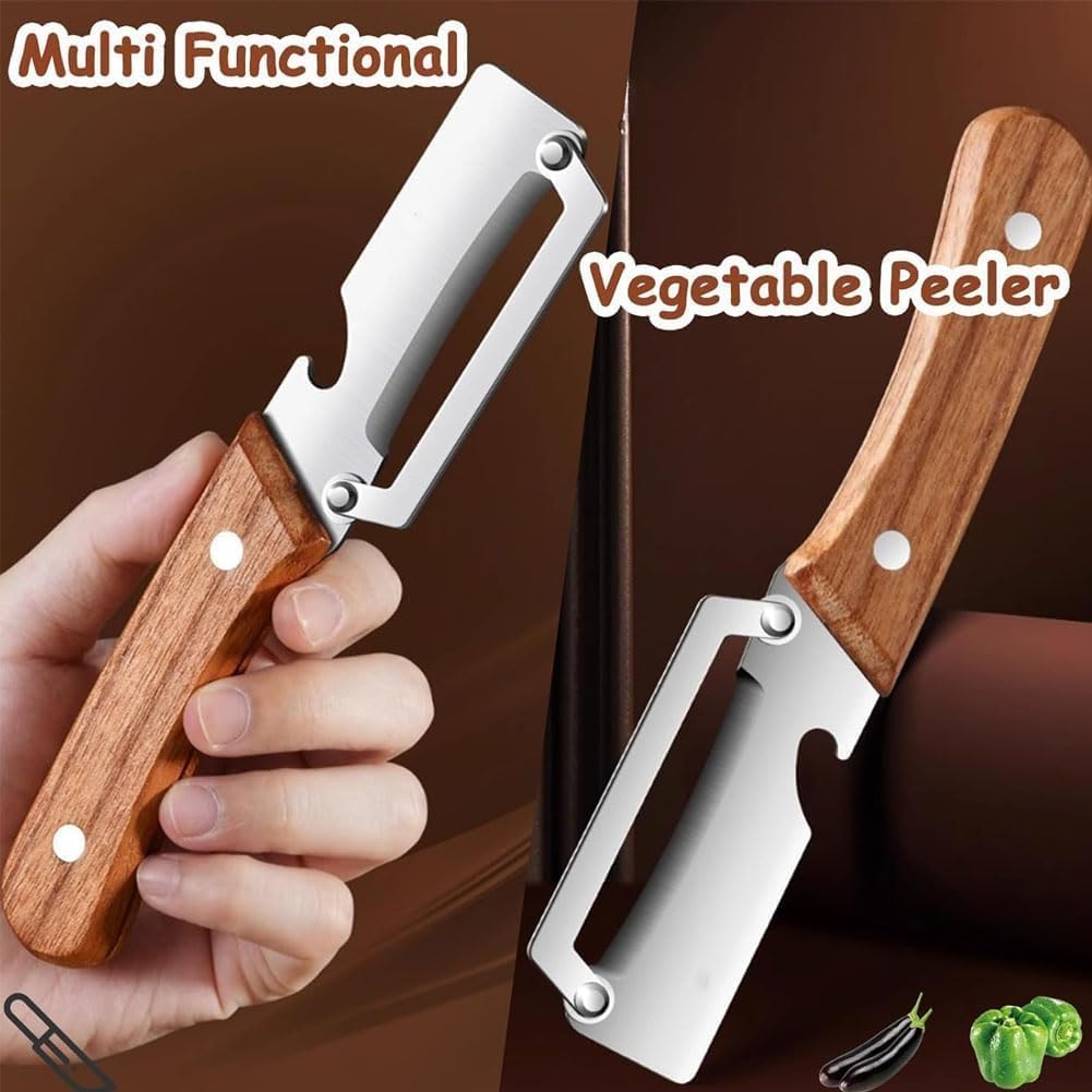 2PCS 2-in-1 Multifunctional Vegetable Peeler, Multifunctional Stainless Steel Peeler, Wooden Peeler, with Bottle Opener & Potato Fruit Pumpkins Kitchen Peelers with Kitchen Peeling Tool
