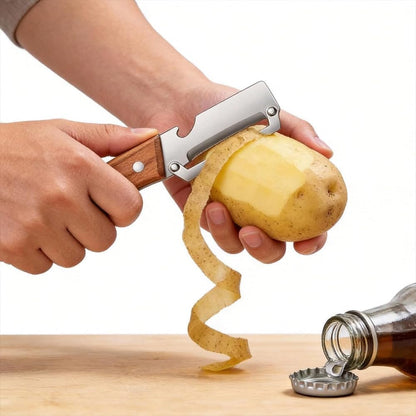 2PCS 2-in-1 Multifunctional Vegetable Peeler, Multifunctional Stainless Steel Peeler, Wooden Peeler, with Bottle Opener & Potato Fruit Pumpkins Kitchen Peelers with Kitchen Peeling Tool