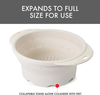10" Collapsible Silicone Colander in Cream, Kitchen Strainer with Handles, 15.1 Cup Capacity | BPA-Free, Heat-Resistant, Space-Saving Kitchen Tool