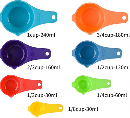 Plastic Measuring Cups and Spoons Set 15, Plastic Measuring Cups and Spoons for Kitchen & Baking, Metric & US 7 Measure Cup & 7 Measure Spoon with Leveler, Mixing Color (random rainbow)