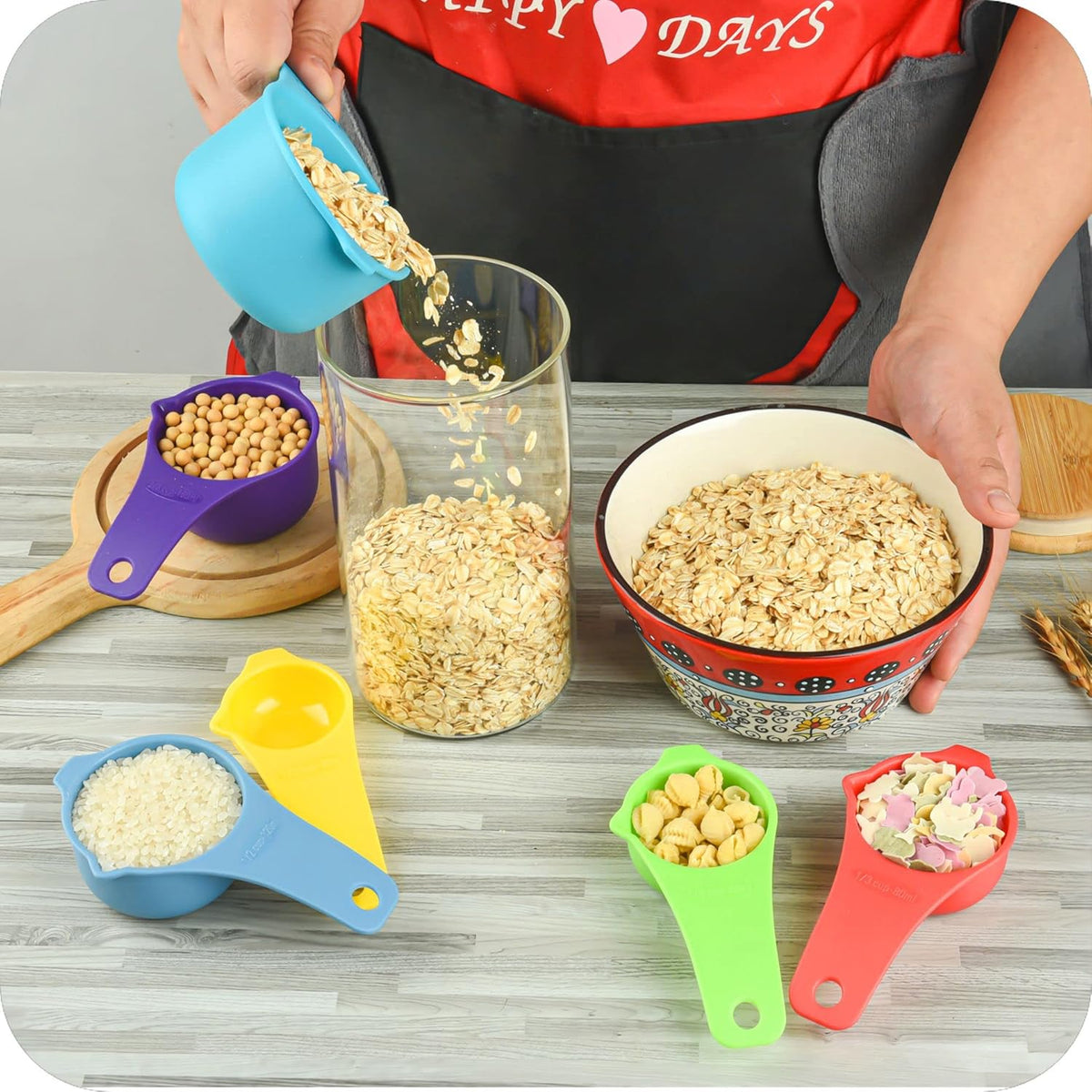 Plastic Measuring Cups and Spoons Set 15, Plastic Measuring Cups and Spoons for Kitchen & Baking, Metric & US 7 Measure Cup & 7 Measure Spoon with Leveler, Mixing Color (random rainbow)