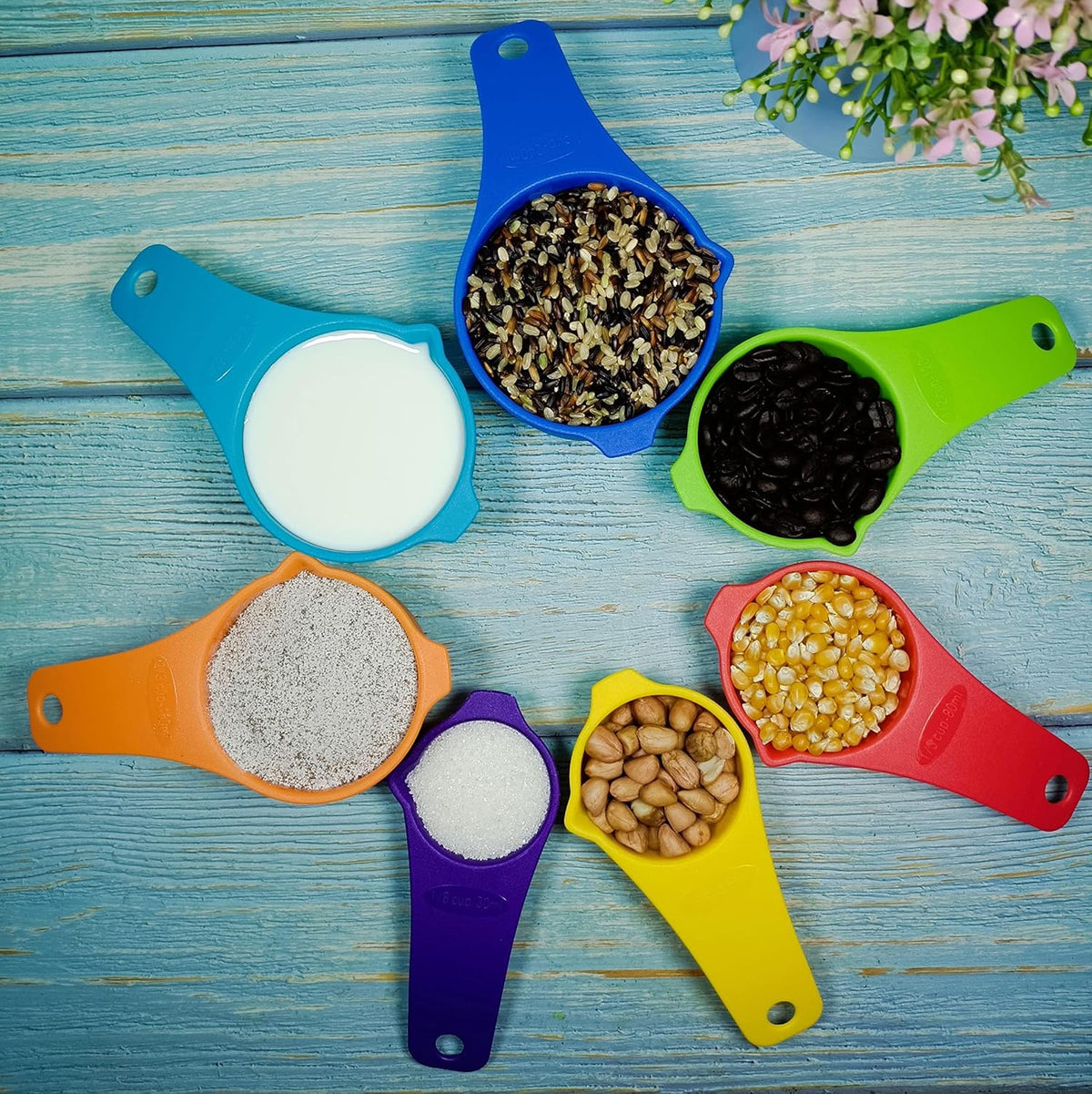 Plastic Measuring Cups and Spoons Set 15, Plastic Measuring Cups and Spoons for Kitchen & Baking, Metric & US 7 Measure Cup & 7 Measure Spoon with Leveler, Mixing Color (random rainbow)