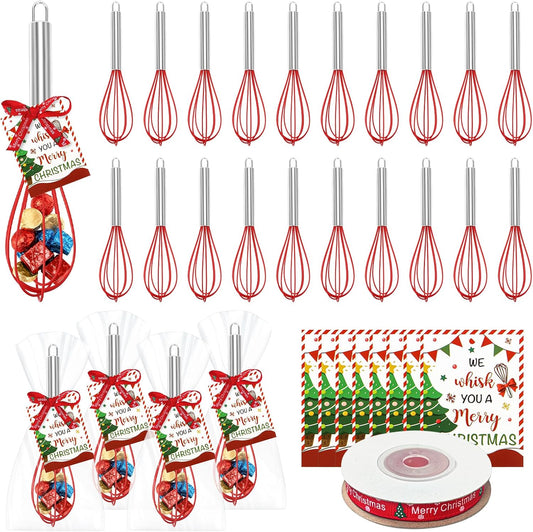 24 Sets Christmas Whisk Gift Sets Xmas Party Favors Includes 10 Inch Stainless Steel Egg Beaters Greeting Cards Ribbons Plastic Bags Ideal for Baking Cooking Stocking Stuffers Holiday (24, 10 Inch)