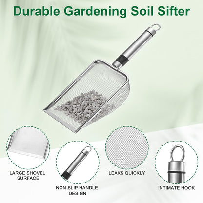 1-Pack Gardening Soil Sifter, 1 mm Mesh Stainless Steel Sand Soil Compost Sieve with Stainless Steel Handle for Sand/Dirt/Rock Compost [Silver Tone]