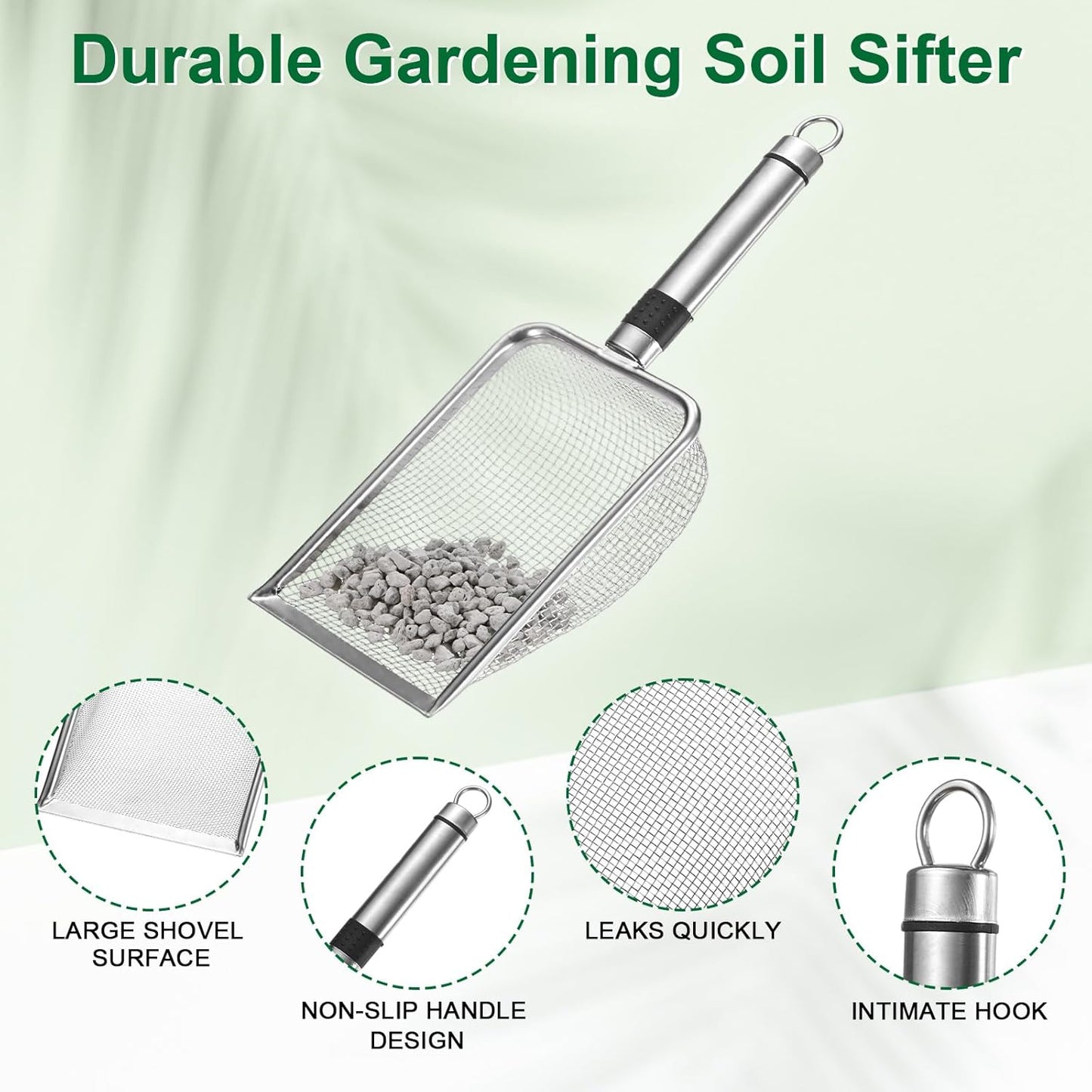1-Pack Gardening Soil Sifter, 1 mm Mesh Stainless Steel Sand Soil Compost Sieve with Stainless Steel Handle for Sand/Dirt/Rock Compost [Silver Tone]